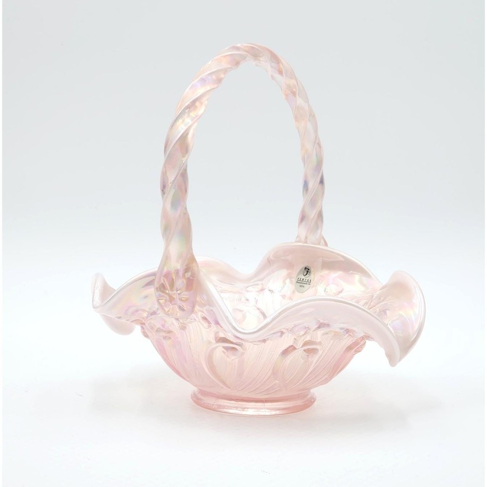 Fenton Pink Champagne Satin Opalescent Glass Lily Of Valley Twist Handle Basket